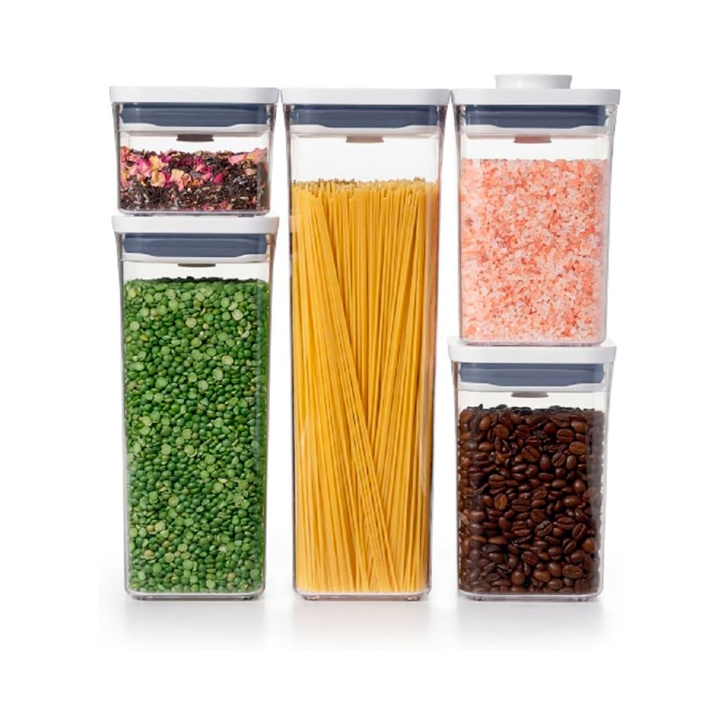 Oxo 11235900 Juego Contenedores con Tapa Pop de Diferente Capacidad, 5 Piezas, Transparente