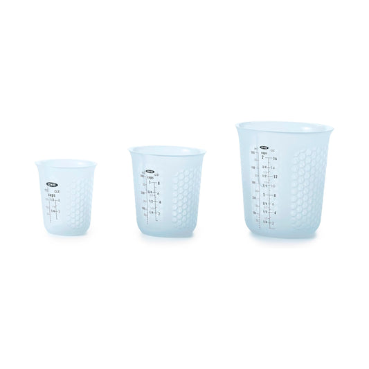 Taza de medir de silicón para exprimir y verter, con patrón Stay-Cool, de la marca Oxo Good Grips, Juego de 3 piezas, Azul