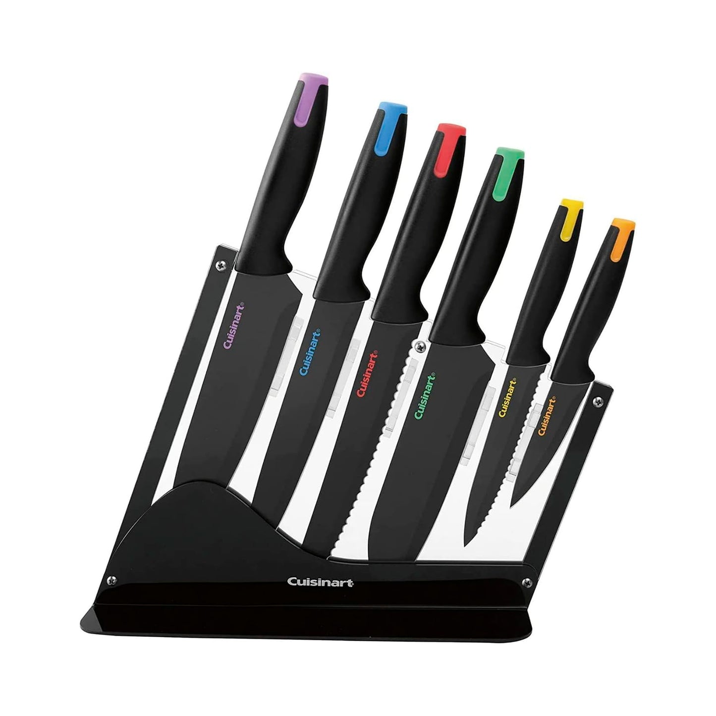 Cuisinart C55-7PCE Juego de cubiertos recubiertos de cerámica con tapas de color y soporte acrílico, 7 piezas