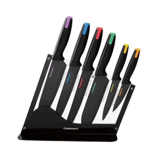 Cuisinart C55-7PCE Juego de cubiertos recubiertos de cerámica con tapas de color y soporte acrílico, 7 piezas